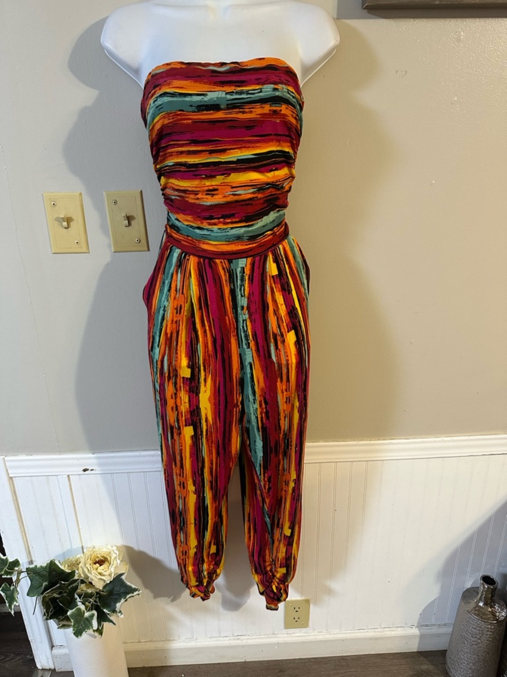 Strapless Multicolor Stripe Jumpsuit in Red & Teal